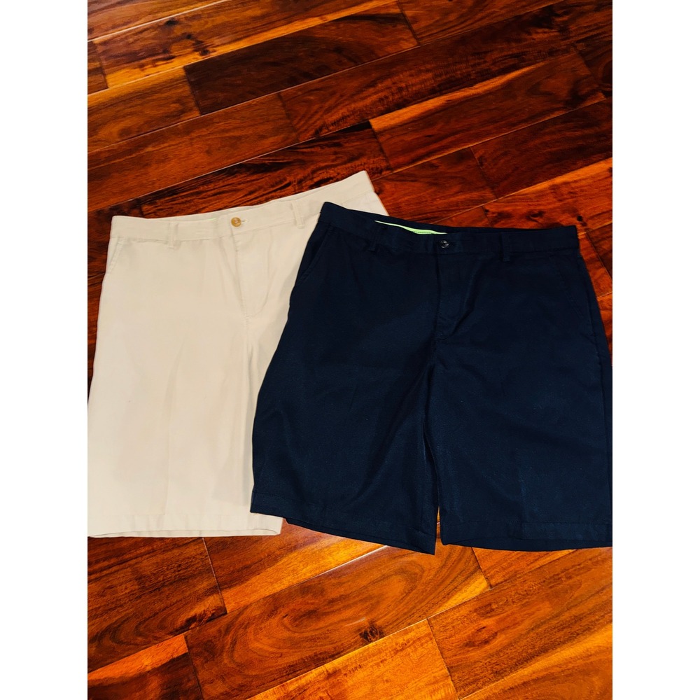TWO PAIR IZOD Golf Classic Navy Blue/ Ivory Flat Front Performance Shorts Men 36